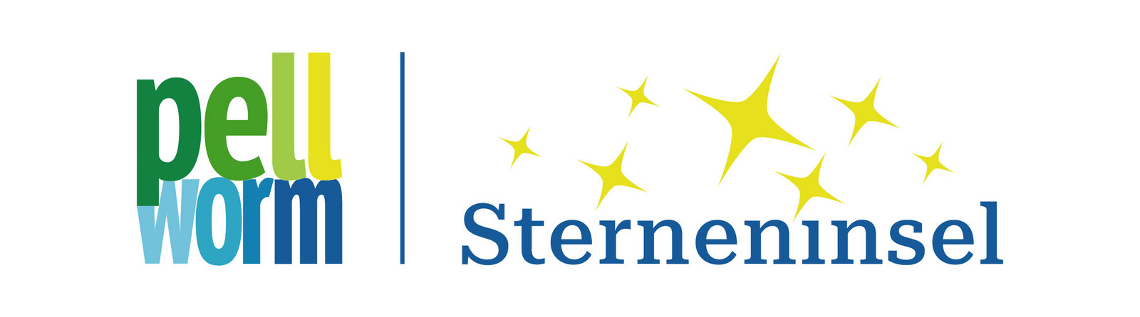 Logo von Pellworm im Farbverlauf grün zu blau. Daneben der Schriftzug Sterneninsel mit 7 Sternen darüber.