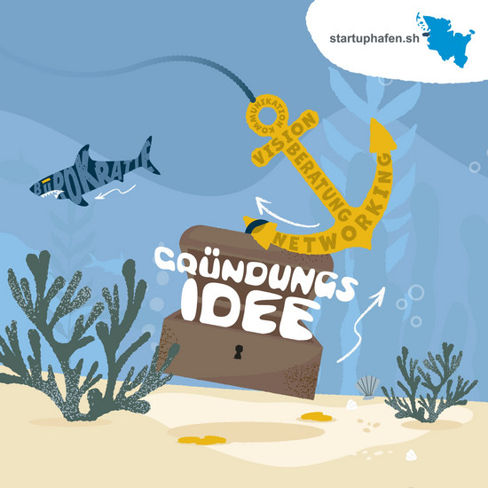 Unterwassergrafik mit einer Schatztruhe, einem Anker und einem Hai.