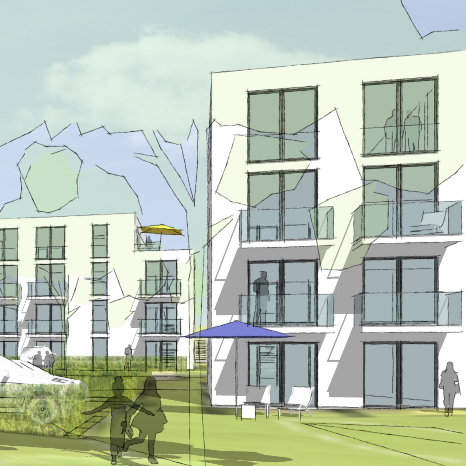 hochzwei_aspa_teaser_03.jpg Architektonische Skizze einer modenern vierstöckigen Wohnanlage mit bodentiefen Fenstern