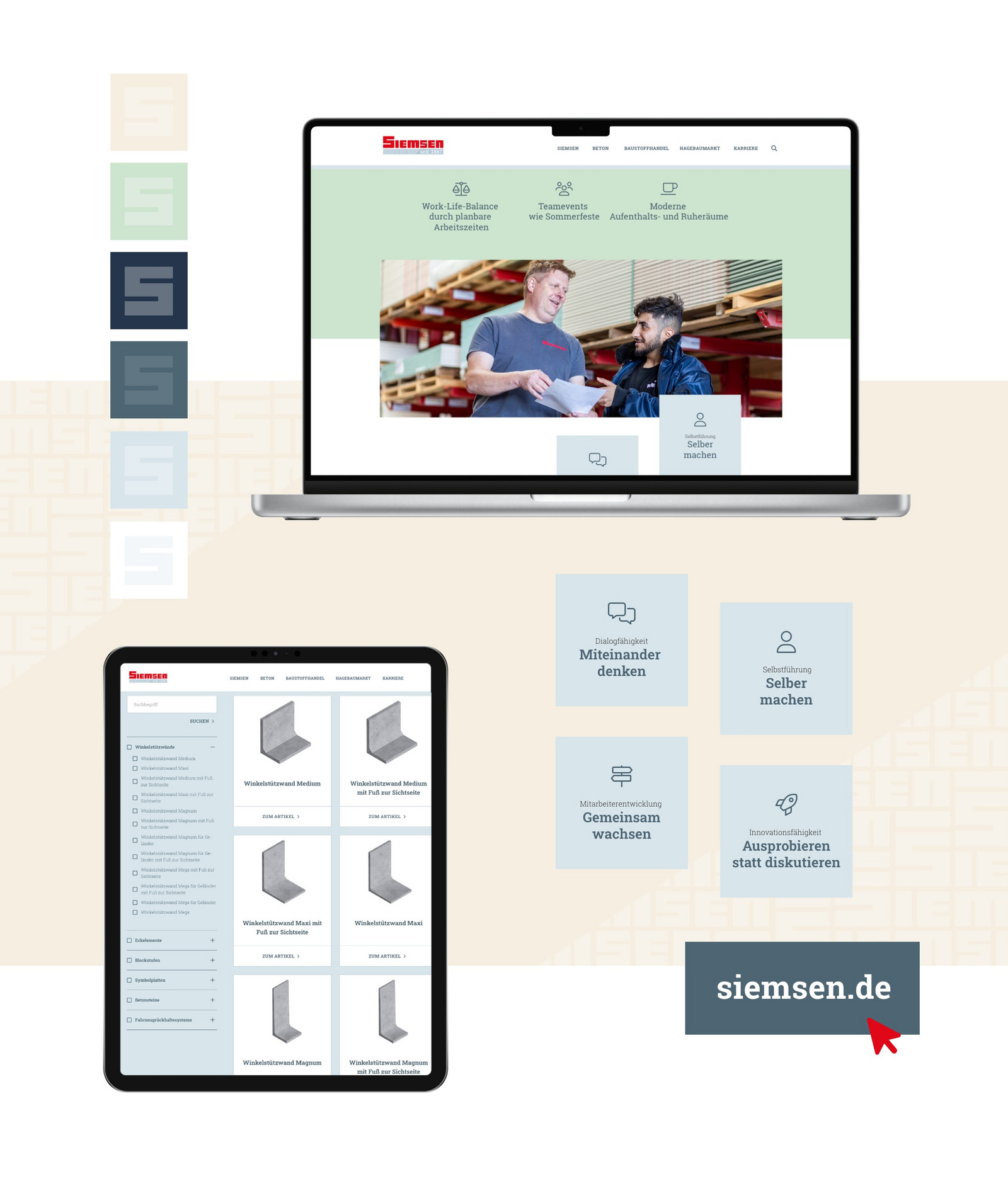 Beispielinhalte der Siemsen Website mit Verlinkung auf siemsen.de