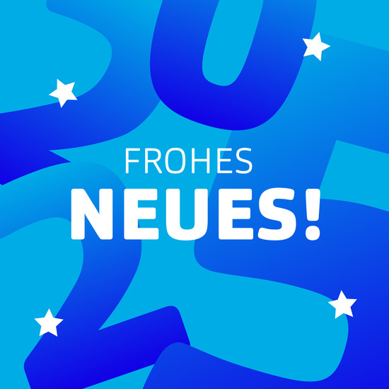 Der Schriftzug "Frohes Neues!" vor einem Hintergrund in mehreren Blautönen, in den die Jahreszahl 2025 eingearbeitet ist.