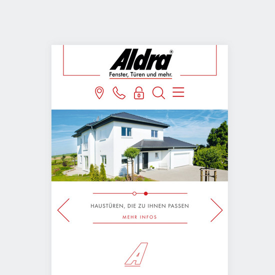 Konzeption Webauftritt Mobile Startseite aldra.de mit einem Bild eines modernen zweistöckigen Hauses