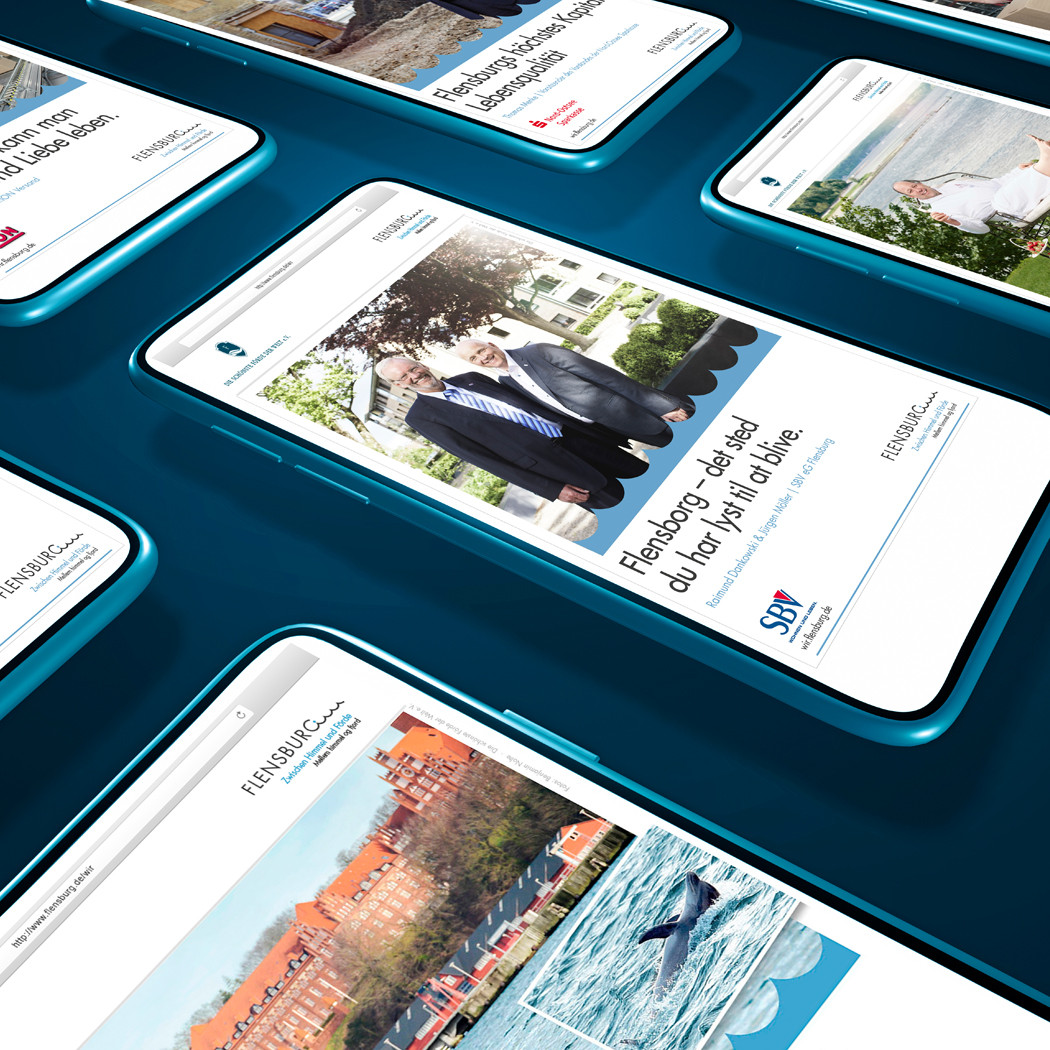Montage mehrerer Smartphones, das die Kampagnenbilder für Flensburg zeigen