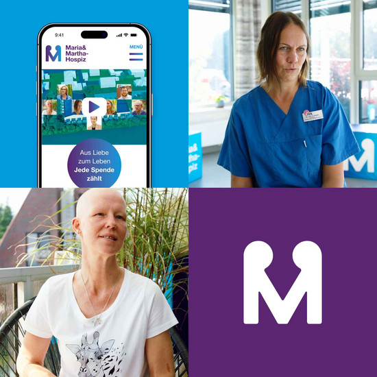 eine viergeteilte Grafik links oben ein Smartphone mit der Hospiz Website, rechts oben eine Angestellte in blauer Arbeitskleidung, links unten eine Patientin auf der Terrasse des Hospizes in einem weißen T-Shirt, rechts unten das neue Logo des Hospizes.