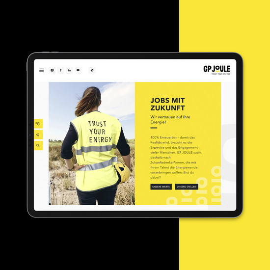 100%... Einblicke in die neue Website auf einer schwarz/gelben Kachel