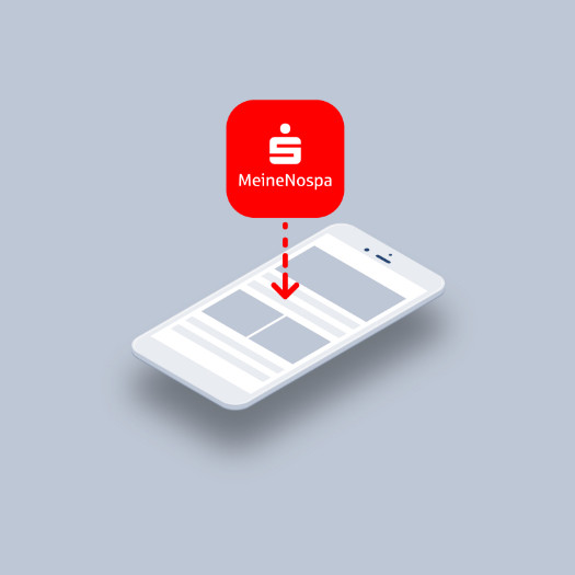 hochzwei_nospa_teaser_03.jpg Sparkassen Logo mit einem weißem illustrierten Handy