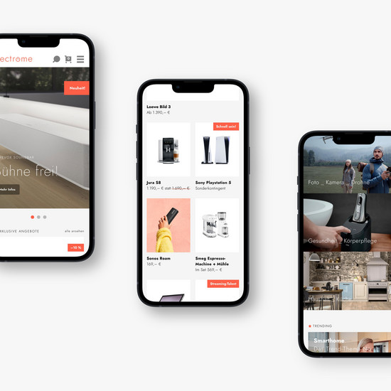 Neues Shopsystem für Elektronik Vertrieb Drei Smartphones mit der Electrome Homepage auf dem Display