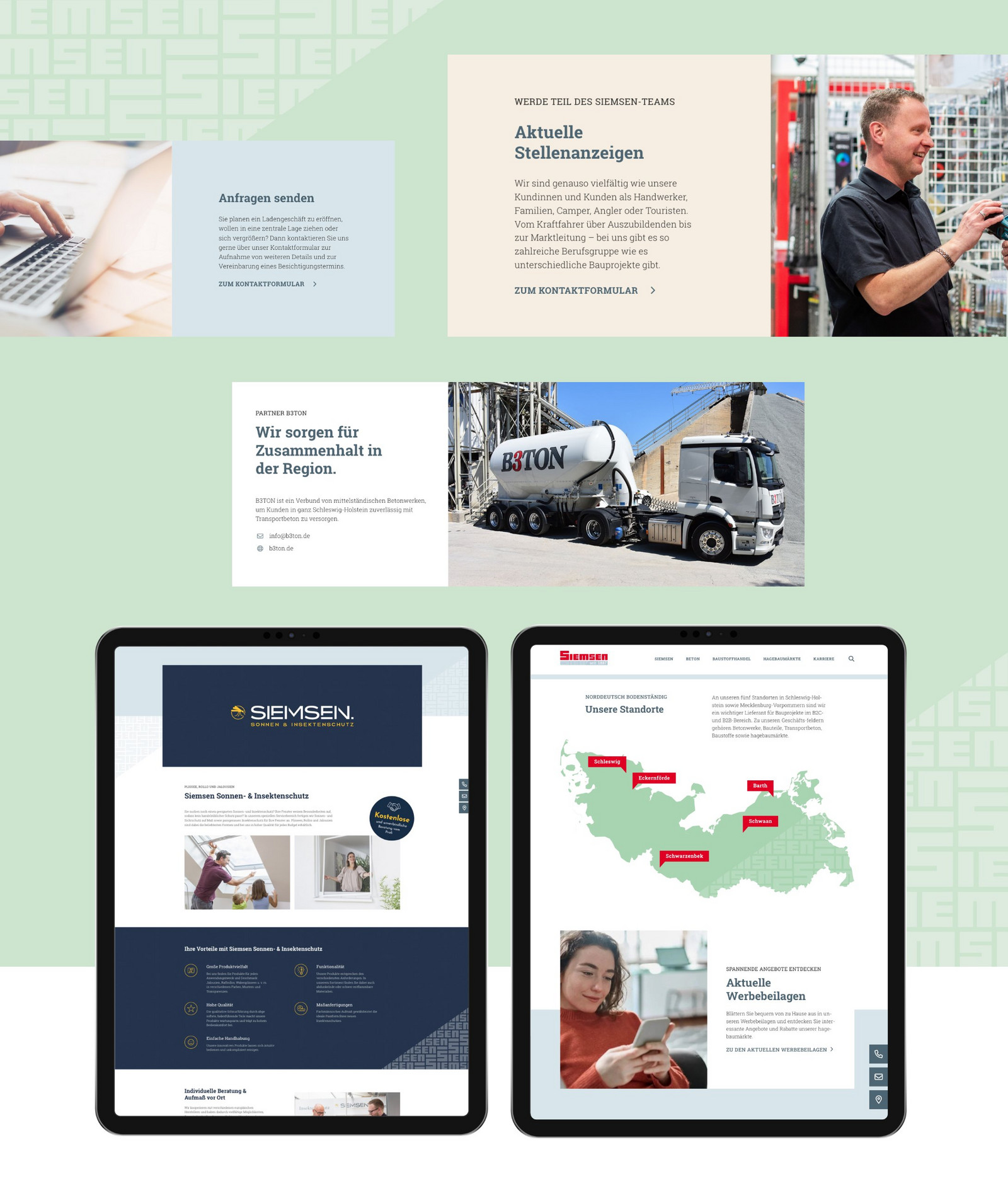 Verschiedene Beispielinhalte der Siemsen Website.