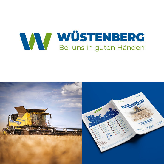 Corporate Design für Landtechnikhandel 3er-Bild: Ein Mähdrescher, das Wüstenberg-Logo und die Fachzeitschrift