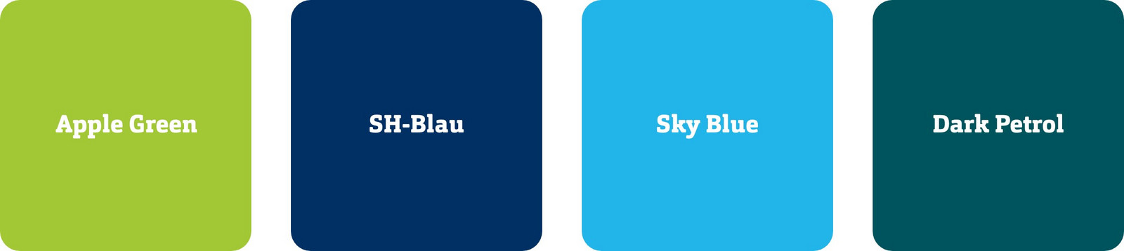 Vier verwendete Farben mit den Namen Apple Green, SH-Blau, Sky Blue und Dark Petrol.