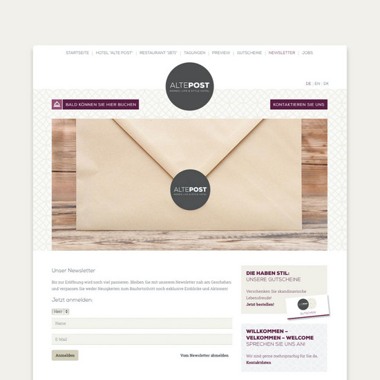 Die Post ist da! Newsletter Formular mit einem großen Headerbild eines Briefumschlages