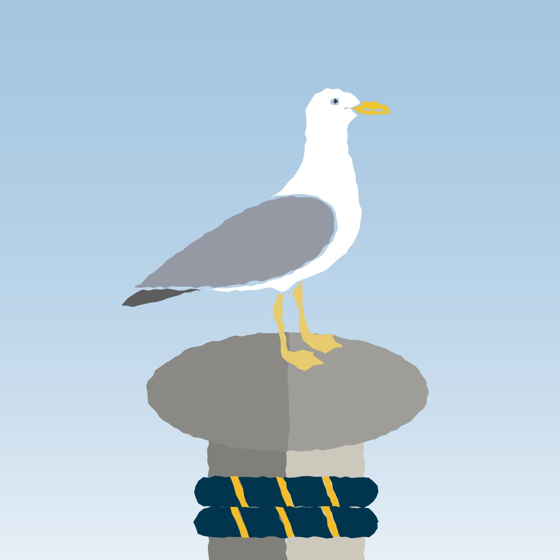 Eine Grafik einer Möve auf einem Anlegepoller mit blaumen Himmel