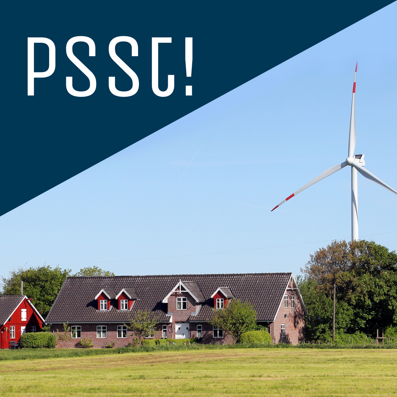 Zweigeteiltes Bild mit Wohnhaus vor Windkraftanlage und Text 