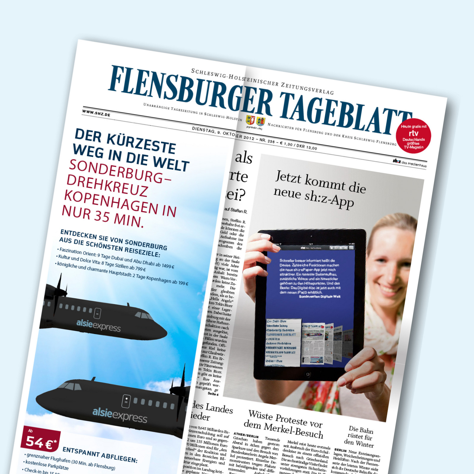 hochzwei_lufthavn_teaser_03.jpg Titelblatt des Flensburger Tageblatts mit Werbumschlag für Sonderborg Airport