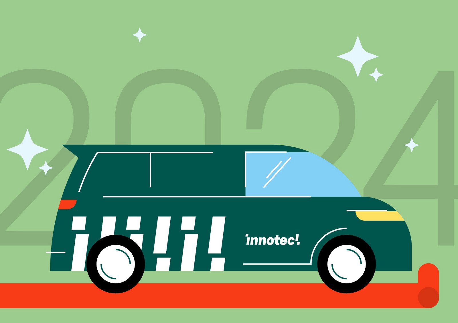 Grüner Hintergrund mit Jahreszahl 2024 mit innotec-Bus