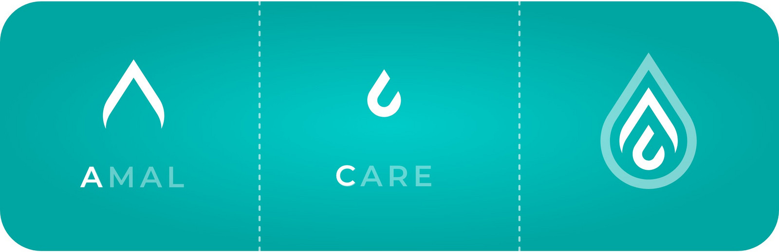 Die Zusammensetzung des Amal Care Logos in drei Schritten. Das A, das C und die zusammengesetzte Tropfenform.
