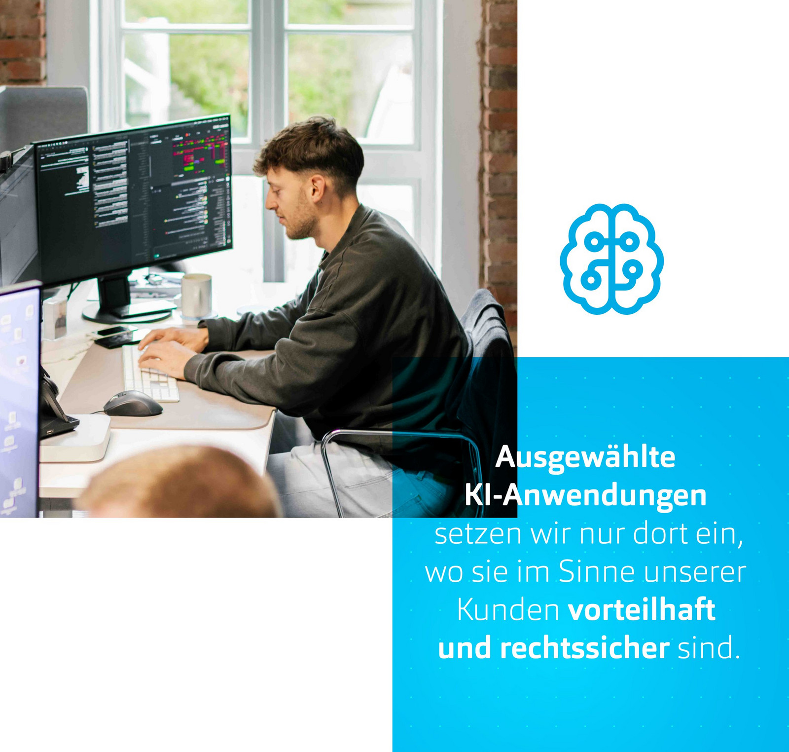 h2_einblicke_KI_teaser_03.jpg Collage: HOCHZWEI-Mitarbeiter vor Bildschirm und Text Ausgewählte KI-Anwendungen setzen wir nur dort ein, wo sie im Sinne unserer Kunden vorteilhaft und rechtssicher sind
