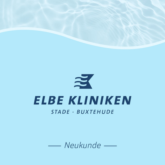 Hellblaue Grafik mit einer Welle am oberen Rand und dem Schriftzug Elbe Kliniken Stade Buxtehude Neukunde