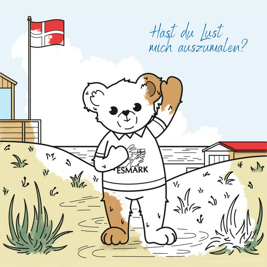 Der Esmark-Bär zur Hälfte ausgemalt.