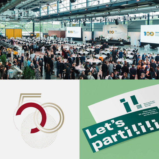 Dreigeteilte Grafik. Ein Foto der Wüstenberg Jubiläumsveranstaltung, eine 50 Jahre ttp Grafik und eine Jubiläumseinladung von innotec.