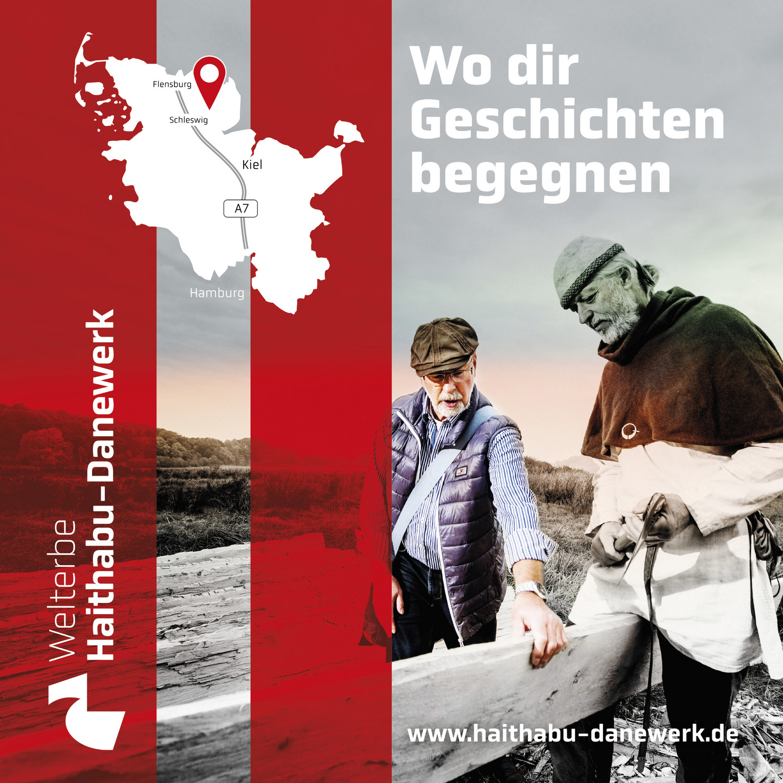 hochzwei_osfs_teaser_01.jpg Collage zeigt Lage des Haithabu-Museum in Schleswig-Holstein und zwei Männer, einer davon verkleidet als Wikinger