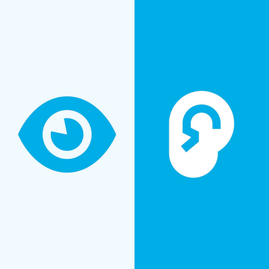 Zweigeteilte Grafik in den Farben Hellblau, Mittelblau und Weiß. Auf der linken Seite befindet sich ein Auge und auf der rechten Seite ein Ohr.