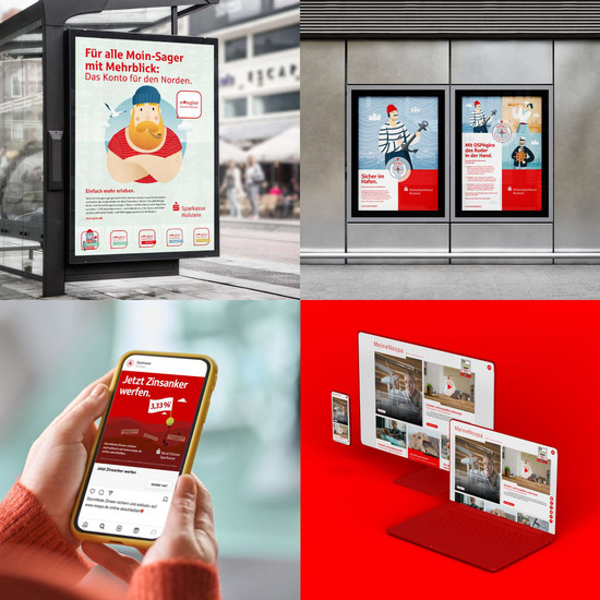 Viergeteile Grafik mit verschiedenen Beispielen von Plakaten und Website der Sparkasse Holstein