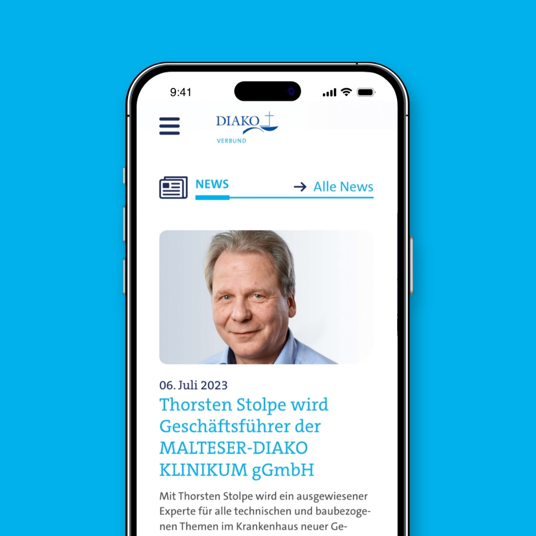 h2_Diako_teaser_08.jpg Zu sehen ist die überarbeitete Newsseite in der mobilen Ansicht.