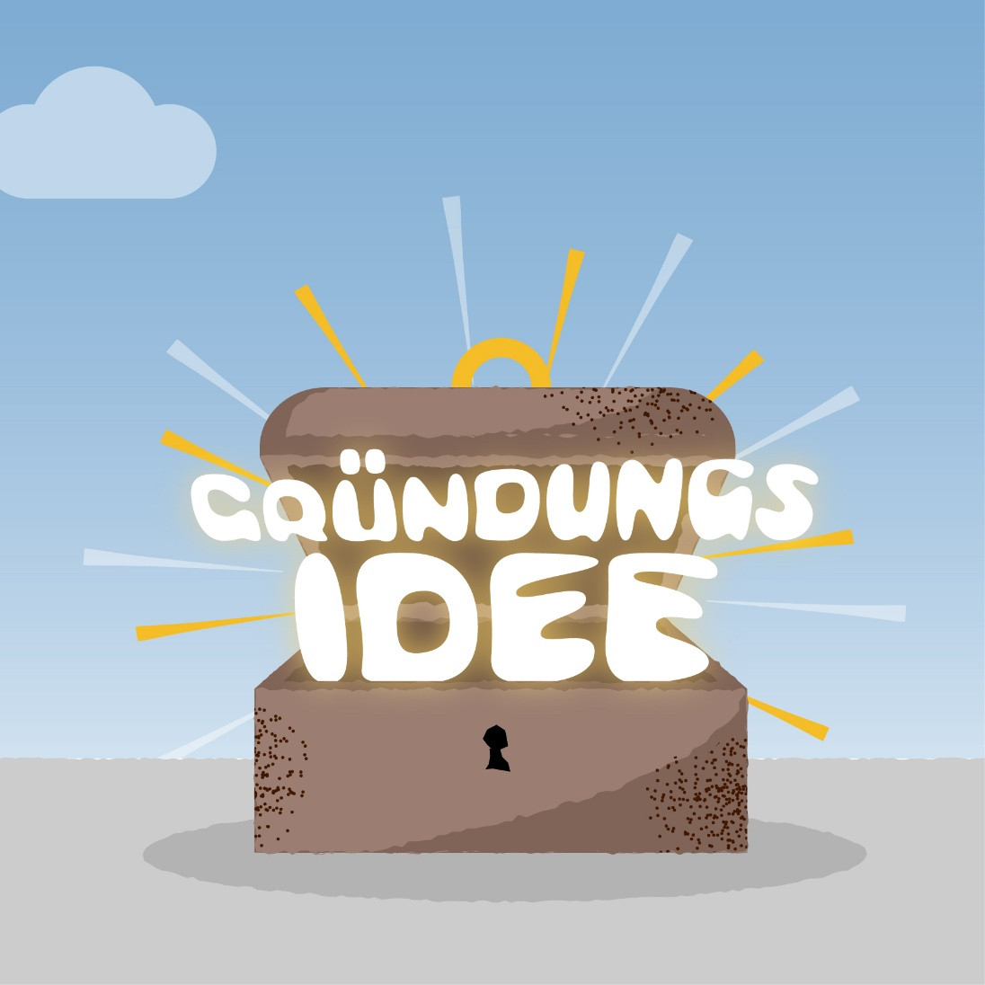 Eine Schatztruhe mit dem Schirftzug Gründungsidee