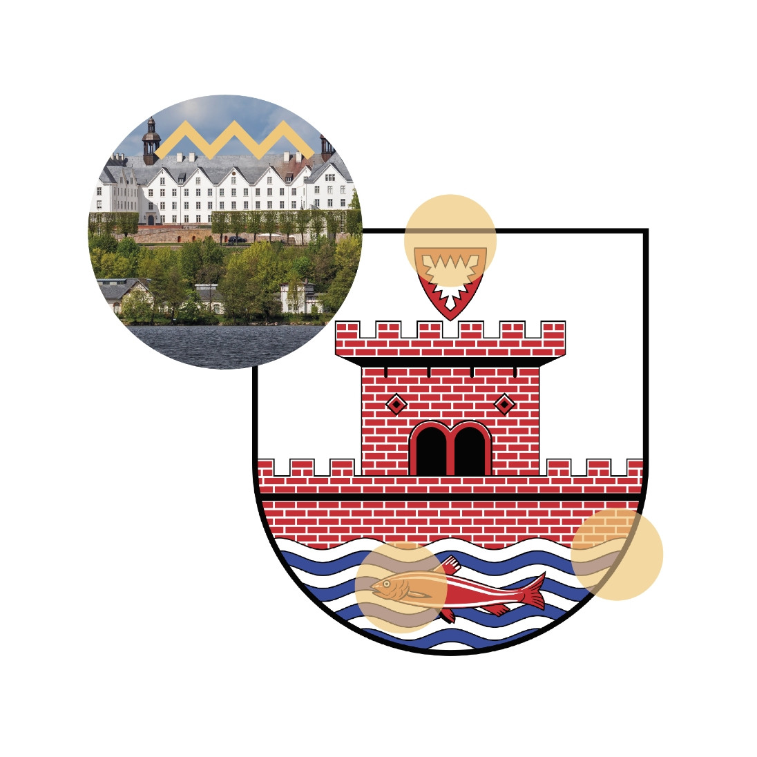 Das Wappen der Stadt Plön. Ein Burgturm am Wasser. In der oberen linken Ecke ist ein rundes Foto des Plöner Schlosses von der Wasserseite fotografiert.