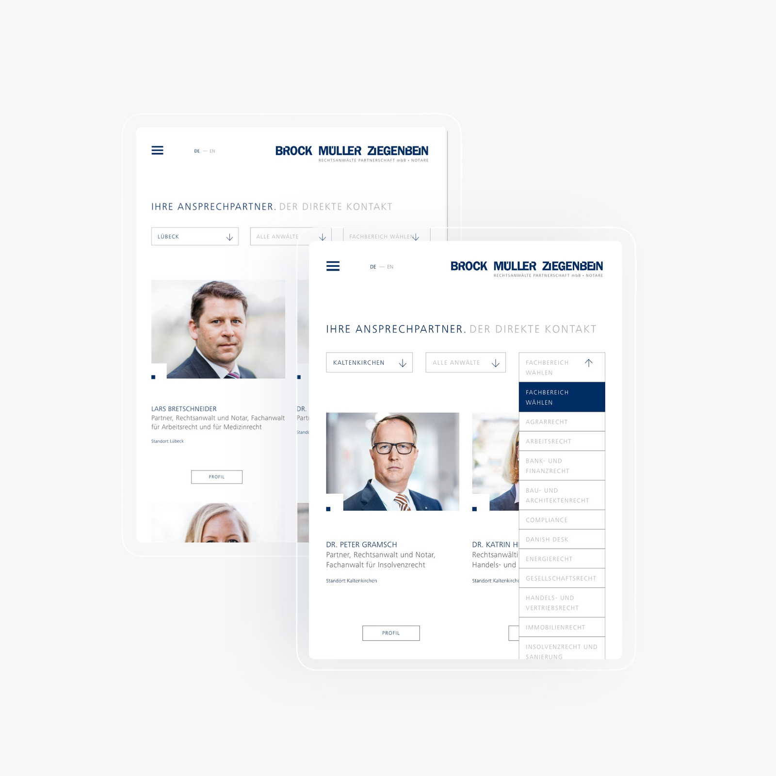 Zwei Screenshots der Seite von BROCK MÜLLER ZIEGENBEIN zeigen Ansprechpartner und Menü vor weißem Hintergrund