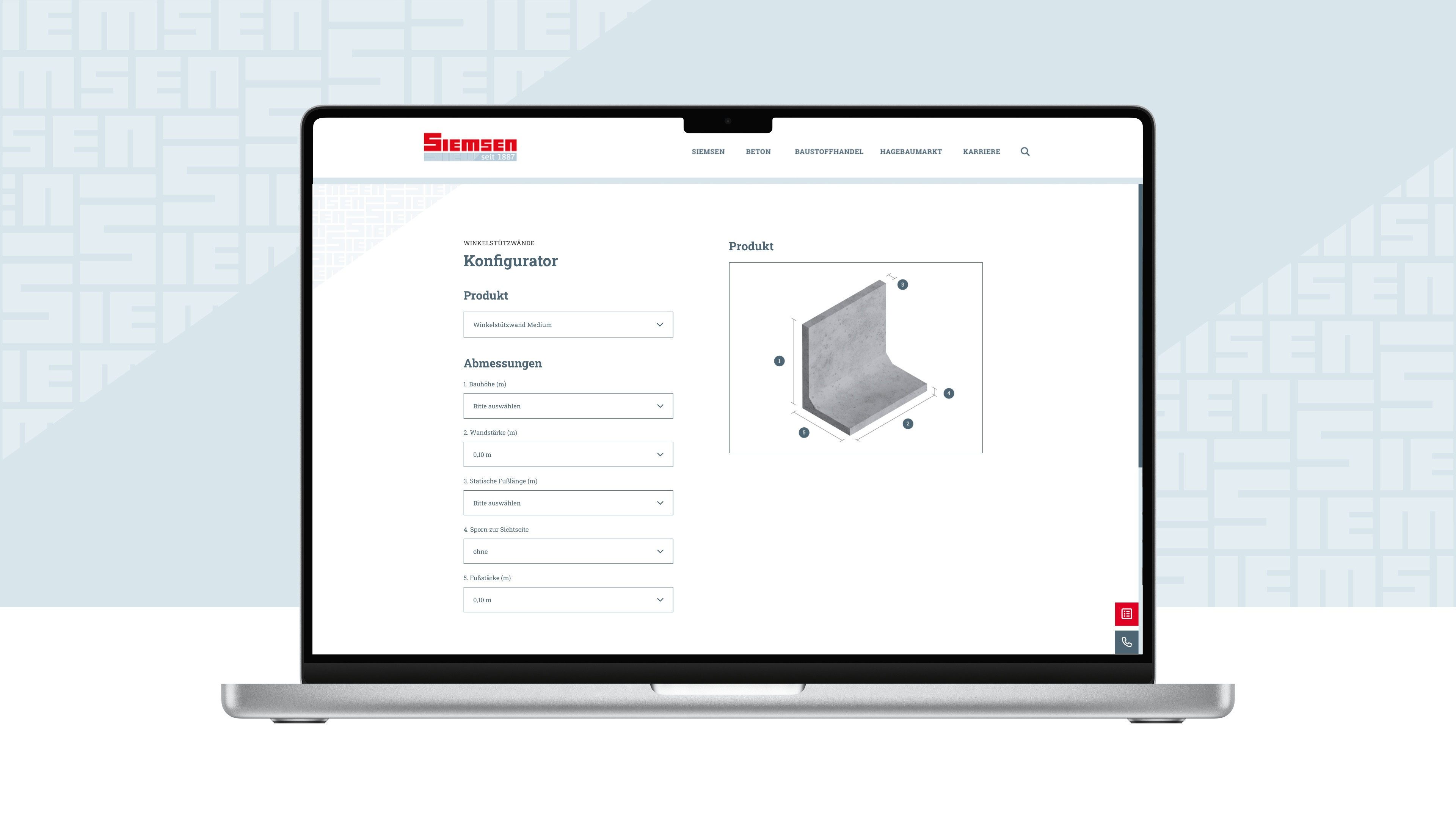 Beispielseite Betonwinkelstücke auf einem Laptop.