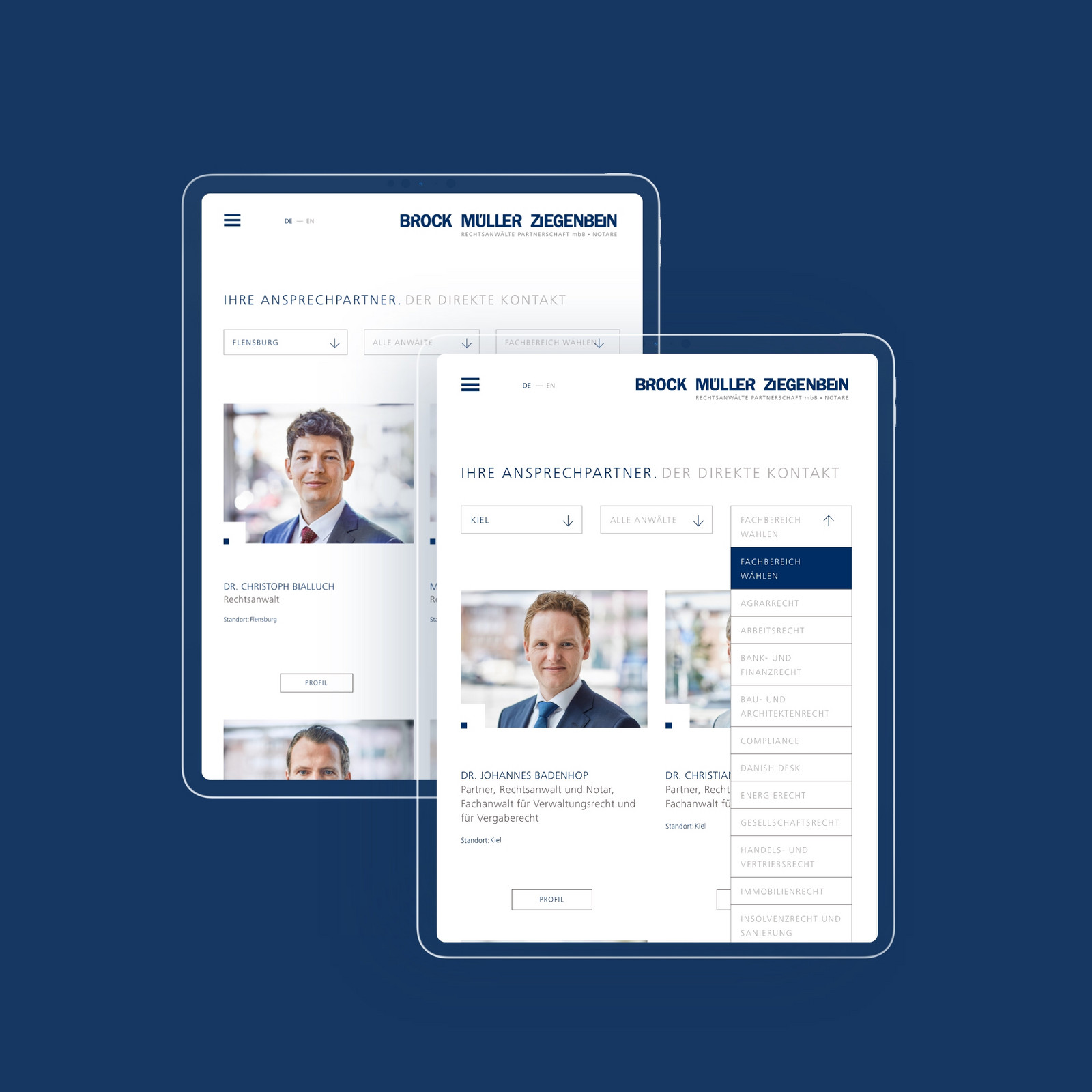 Zwei Screenshots der Seite von BROCK MÜLLER ZIEGENBEIN zeigen Ansprechpartner und Menü vor blauem Hintergrund