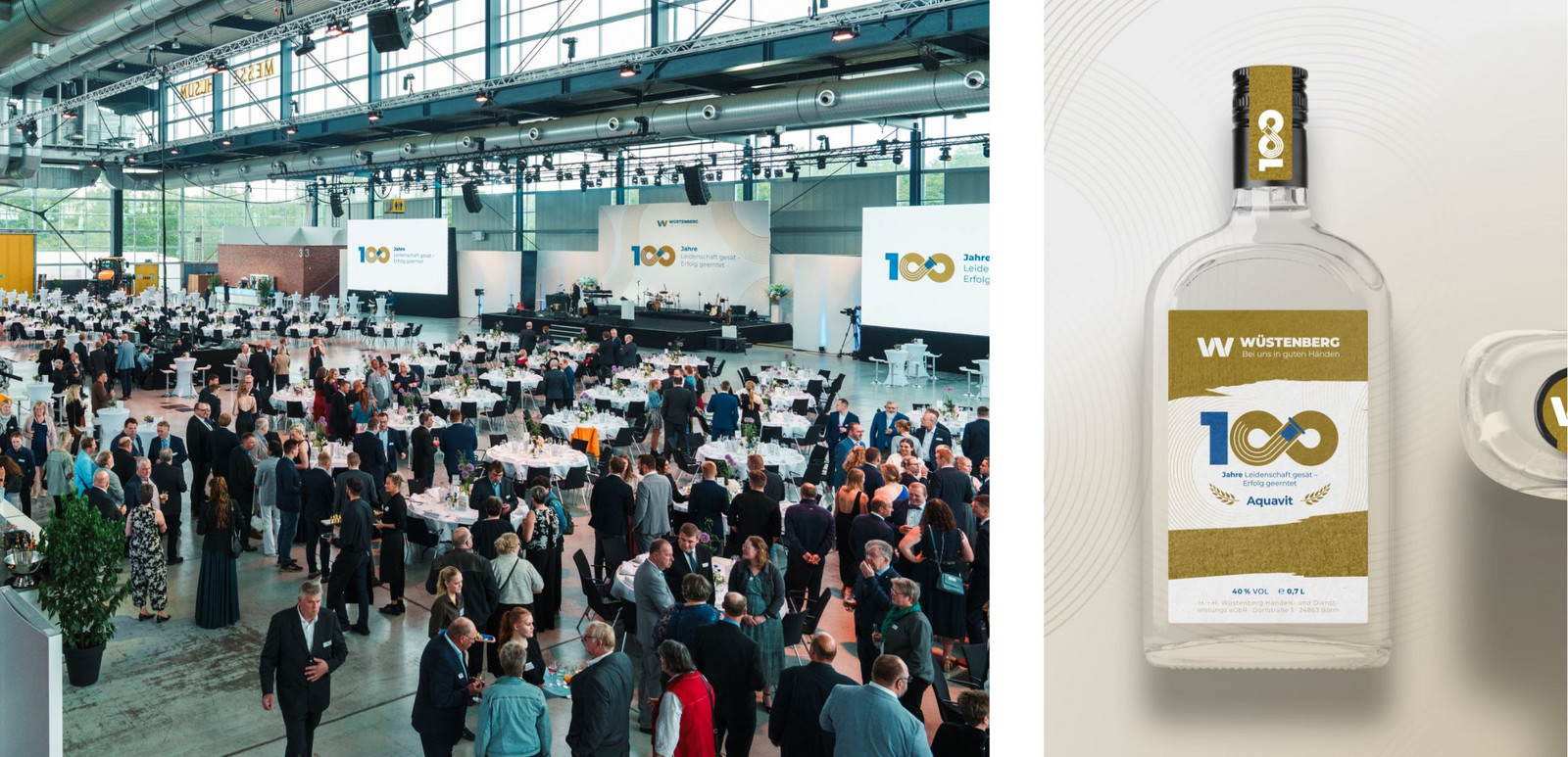 h2_einblicke_firmenevents_teaser_12.jpg Foto des Wüstenberg Jubiläumsevents und einer 100 Jahre Wüstenberg Schnapsflasche.
