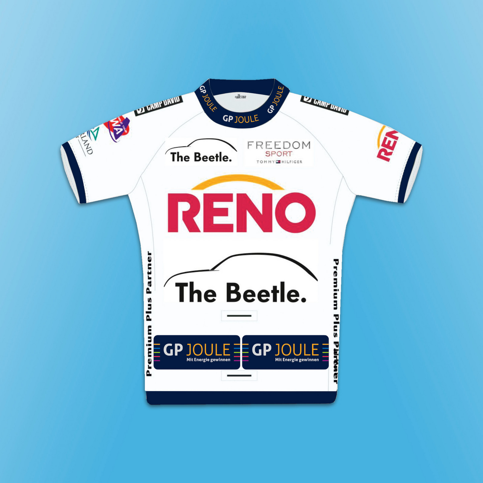 hochzwei_gpjoule_teaser_06.jpg Weißes Sport Trikot mit verschiedenen Markennamen drauf